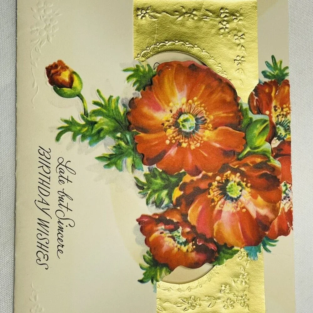 Vintage UNUSED Belated Birthday Poppy Die-Cut Embossed Artistic Greeting Card